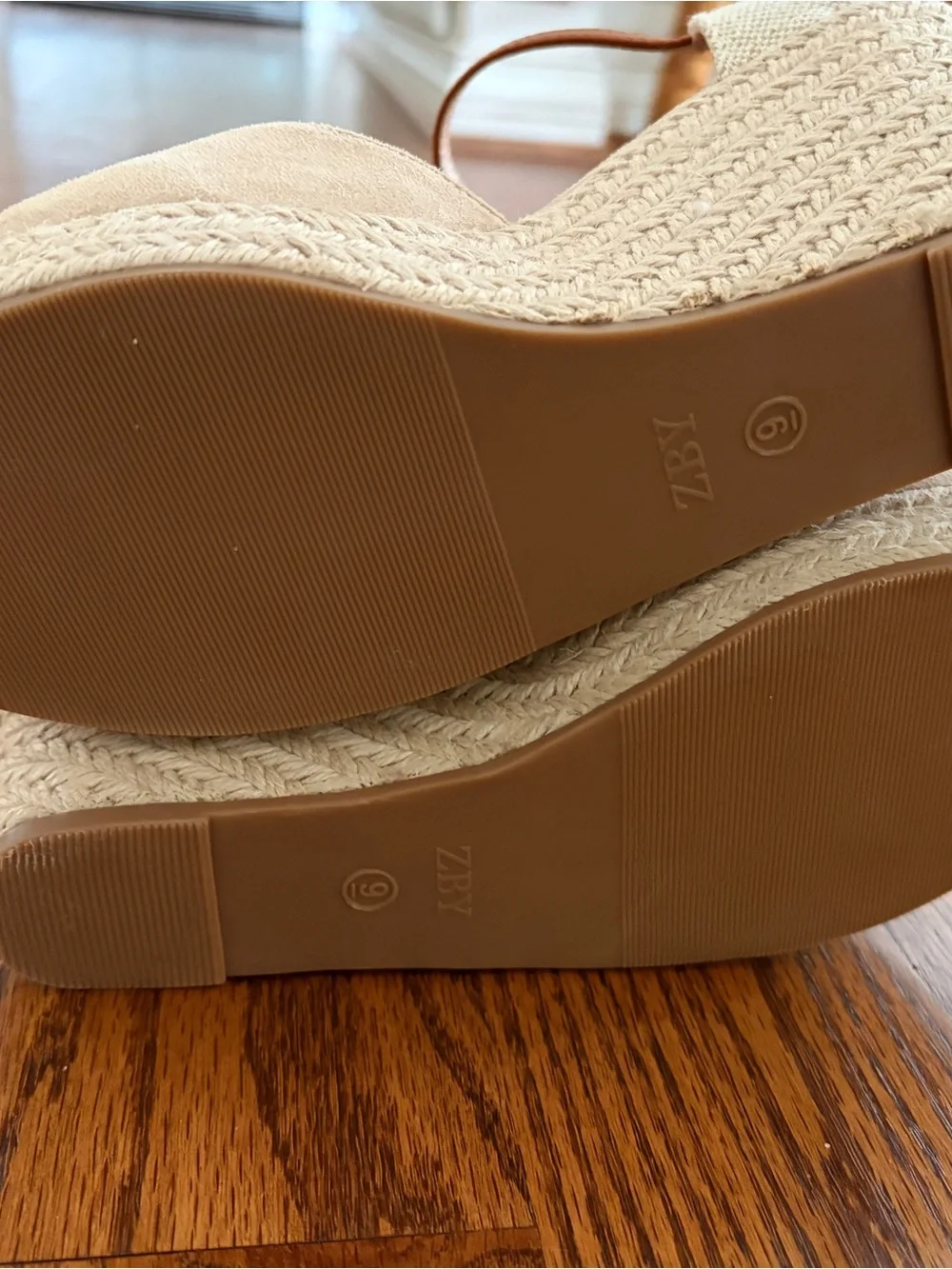 Women's sz 9 Cream Espadrille Wedge Sandals with Tan Ankle Strap. Brand new
